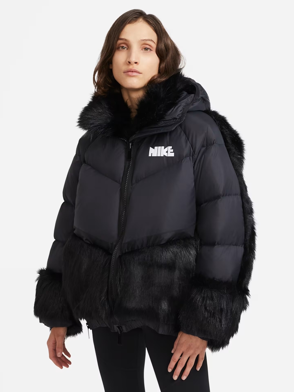 Nike & Sacai Collaboration Black Faux-Fur Trim Quilted Puffer Jacket